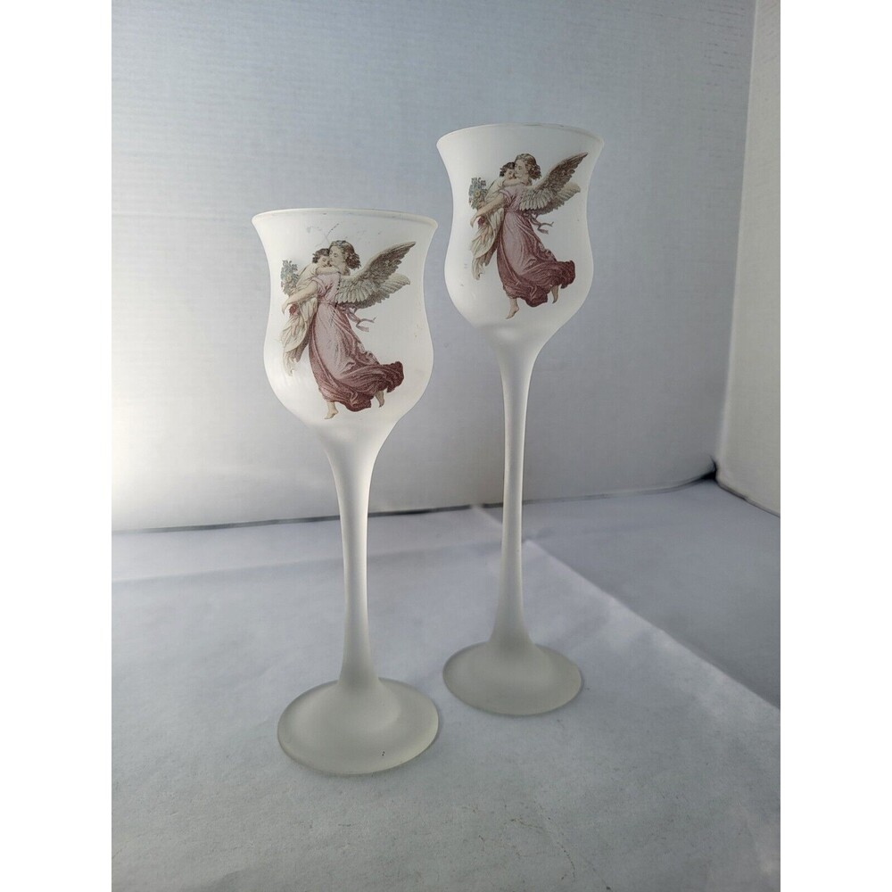 Vintage Lot of 2 L.E. Smith Angel Frosted Glass Stemmed Candle Holders